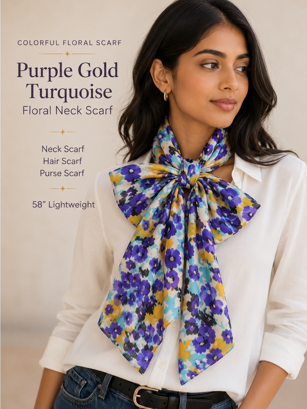 Colorful Floral Silk-Look Scarf 58” Purple Turquoise Gold Hair Neck Purse Wrap